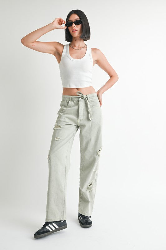 Casual Distressed Wide Leg Tie-front Pants