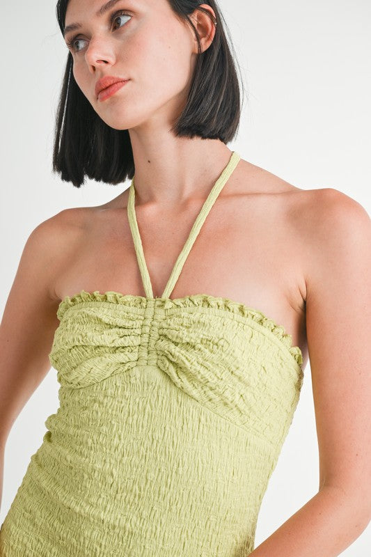 Melon Green Halter Neck Open Back Midi Dress