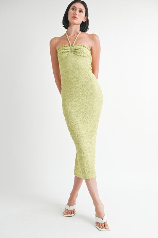 Melon Green Halter Neck Open Back Midi Dress