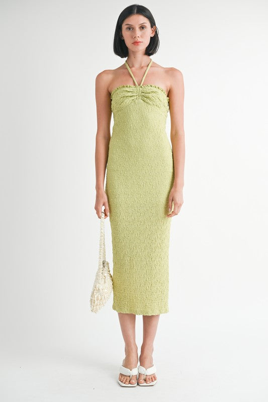 Melon Green Halter Neck Open Back Midi Dress