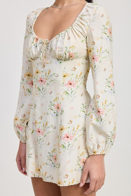Floral Long Sleeve Sweetheart Neck Mini Dress