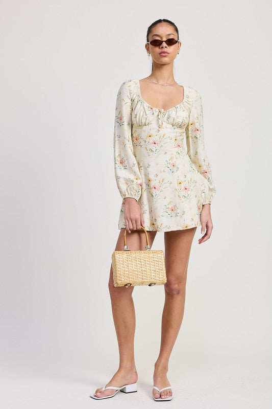 Floral Long Sleeve Sweetheart Neck Mini Dress