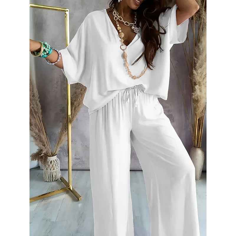 Two-Piece Lounge Set - V-Neck Top & Wide Leg Pants - Fashions Envy