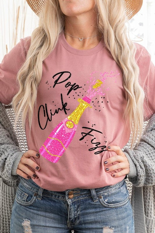 Faux Glitter Champagne Pop Clink Fizz Graphic Tee