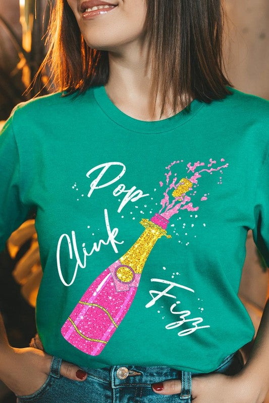 Faux Glitter Champagne Pop Clink Fizz Graphic Tee
