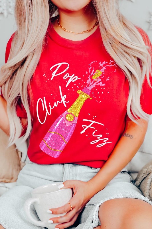 Faux Glitter Champagne Pop Clink Fizz Graphic Tee