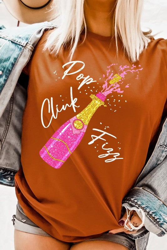 Faux Glitter Champagne Pop Clink Fizz Graphic Tee