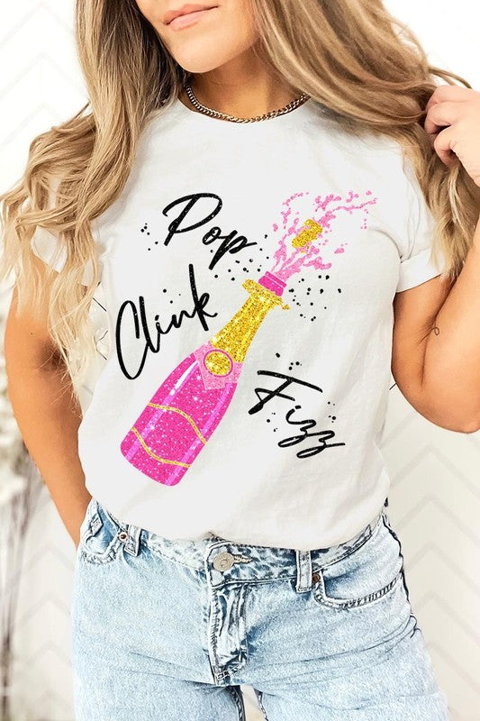 Faux Glitter Champagne Pop Clink Fizz Graphic Tee