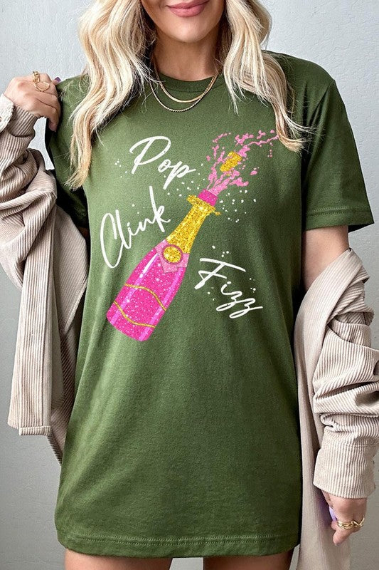 Faux Glitter Champagne Pop Clink Fizz Graphic Tee