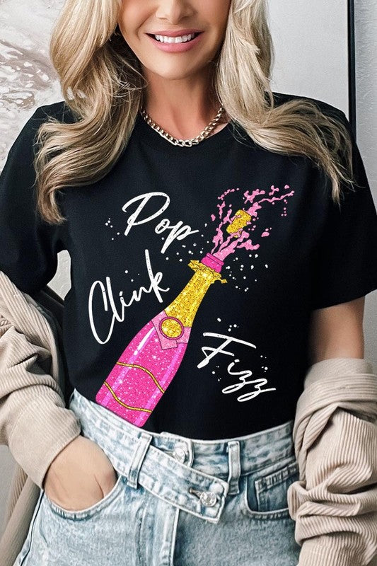 Faux Glitter Champagne Pop Clink Fizz Graphic Tee