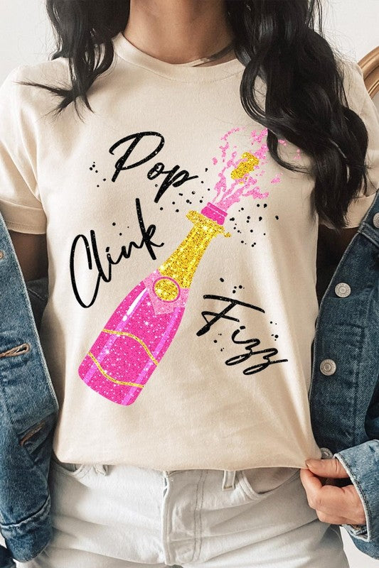Faux Glitter Champagne Pop Clink Fizz Graphic Tee