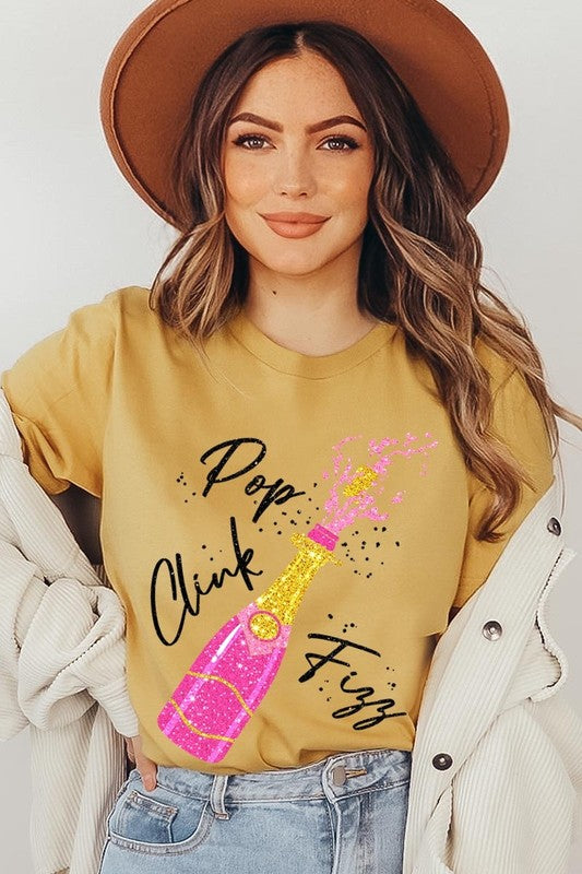 Faux Glitter Champagne Pop Clink Fizz Graphic Tee