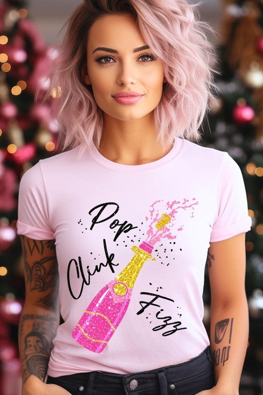 Faux Glitter Champagne Pop Clink Fizz Graphic Tee