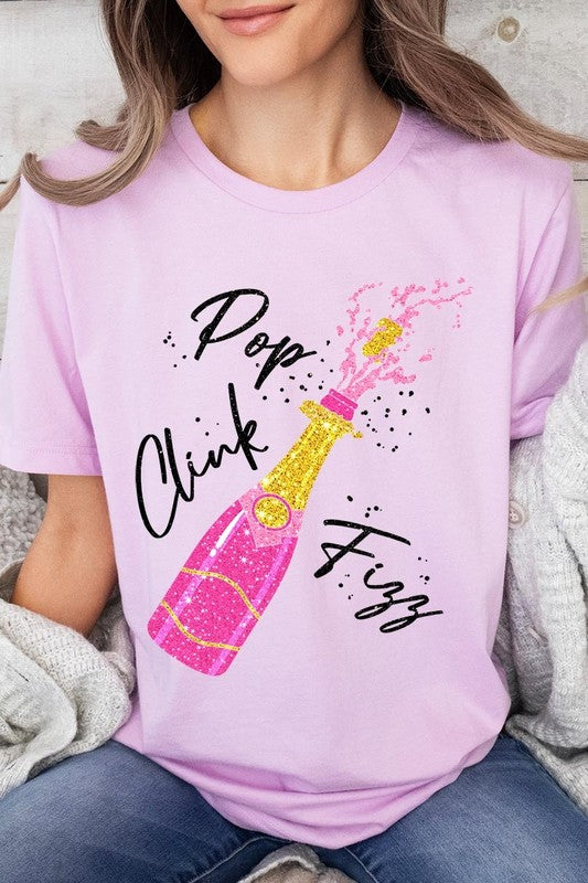 Faux Glitter Champagne Pop Clink Fizz Graphic Tee