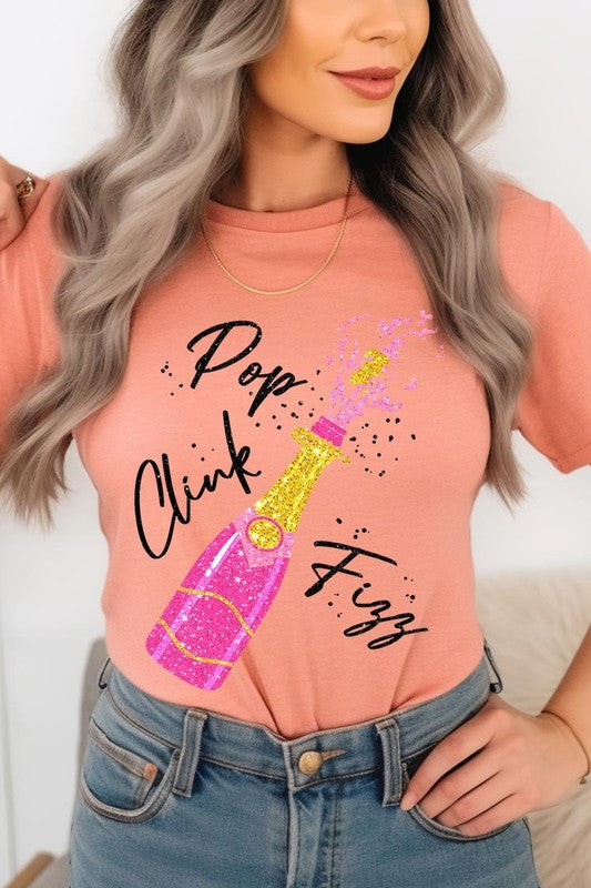 Faux Glitter Champagne Pop Clink Fizz Graphic Tee