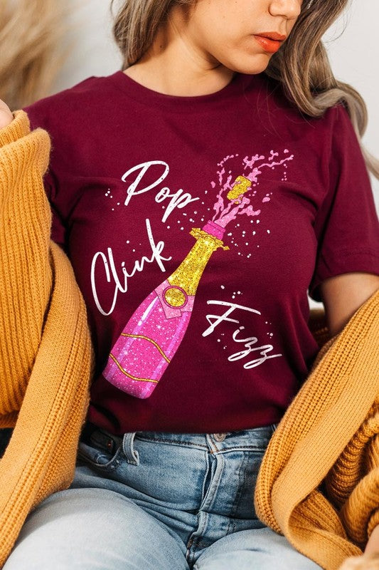 Faux Glitter Champagne Pop Clink Fizz Graphic Tee