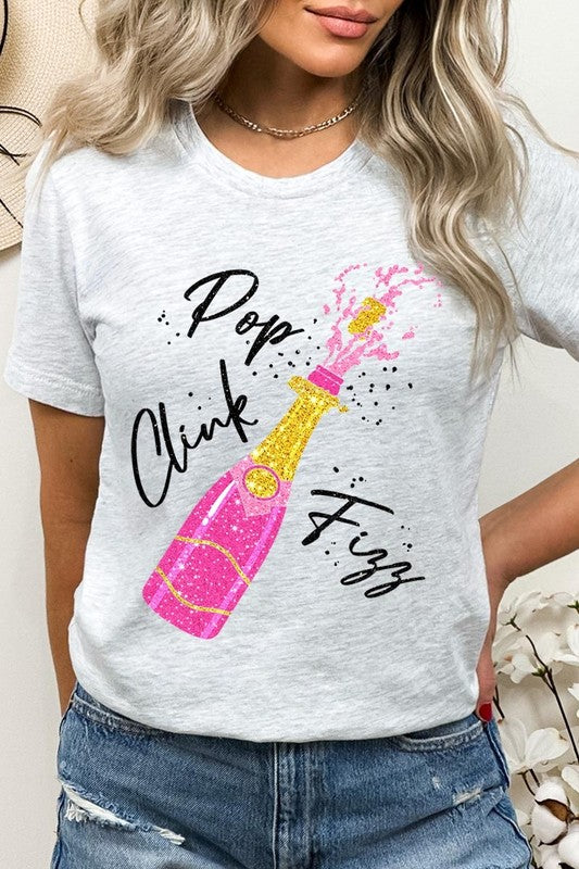 Faux Glitter Champagne Pop Clink Fizz Graphic Tee