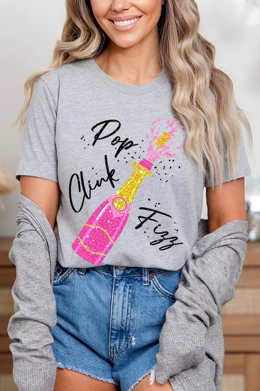 Faux Glitter Champagne Pop Clink Fizz Graphic Tee