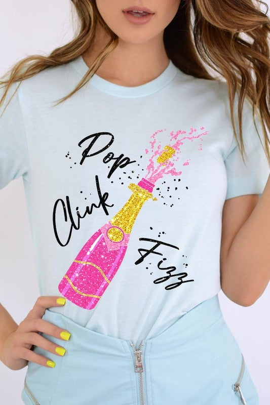 Faux Glitter Champagne Pop Clink Fizz Graphic Tee