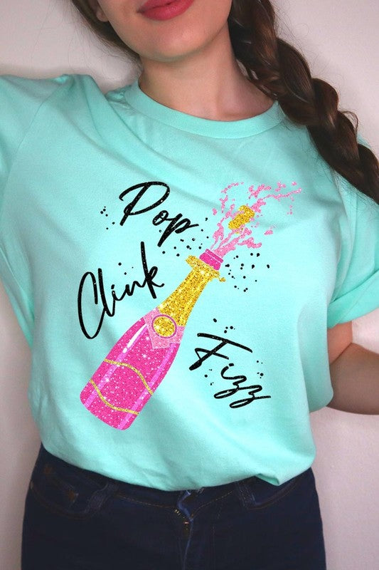 Faux Glitter Champagne Pop Clink Fizz Graphic Tee
