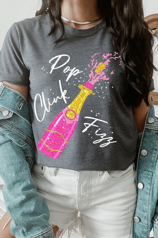 Faux Glitter Champagne Pop Clink Fizz Graphic Tee