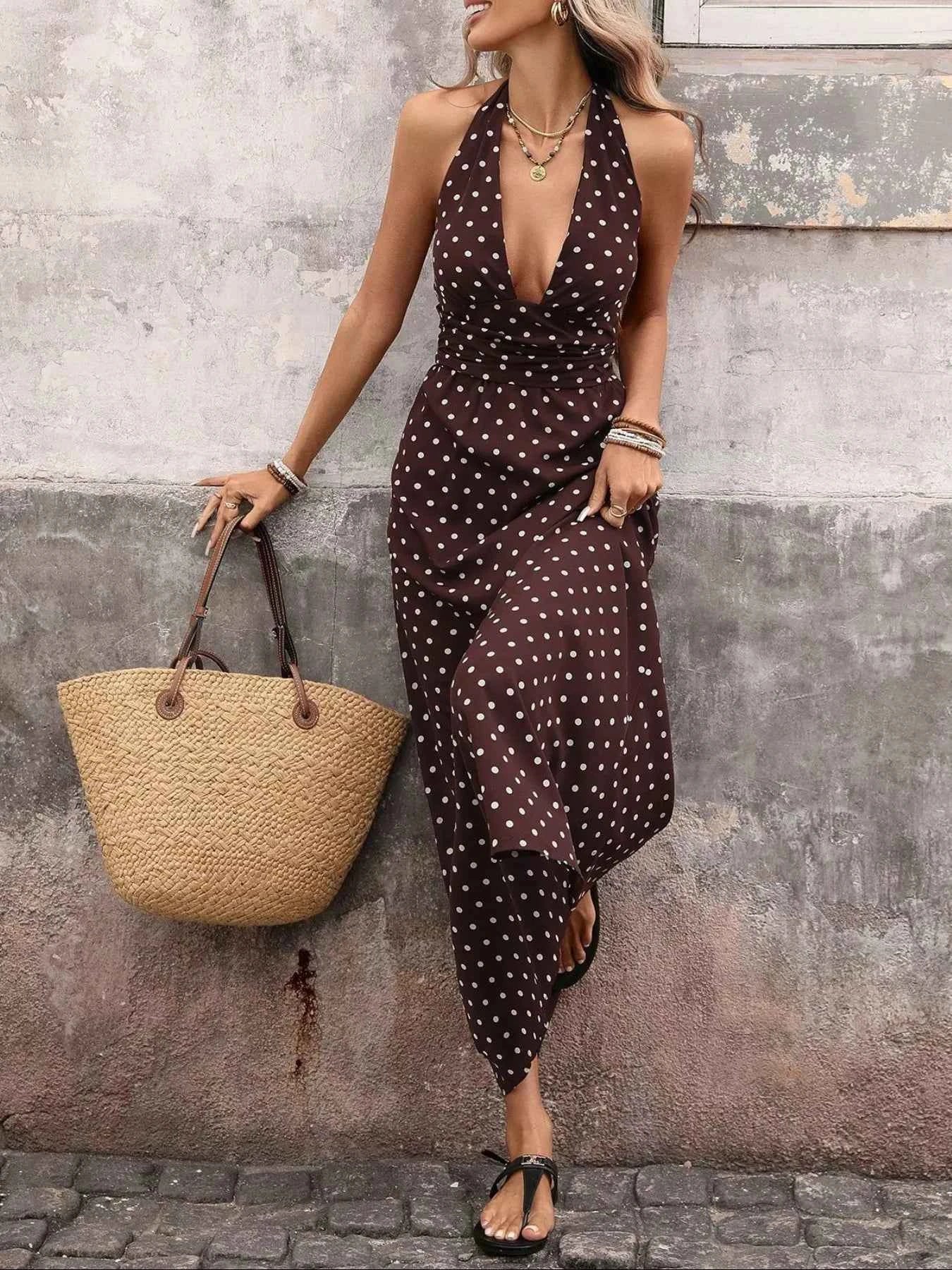 Polka Dot Halter Maxi Dress - Tie Neck Brown Print