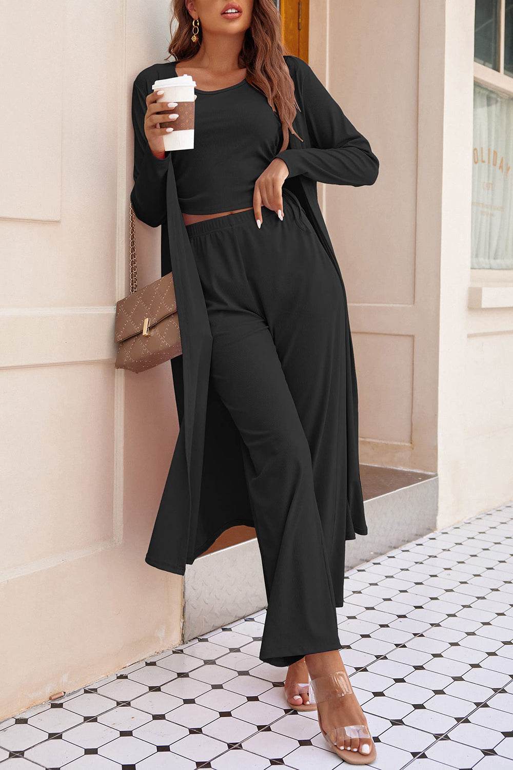 Drawstring Tank - Long Sleeve Cover Up and Pants Set - Fashions Envy