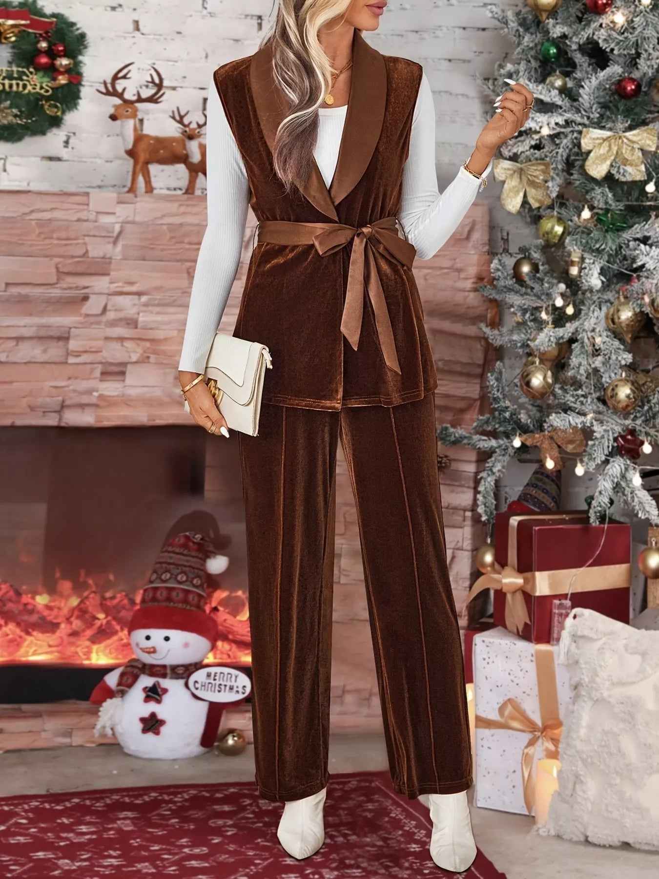 Velvet Two-Piece Set - Tie Waist Vest & Wide Leg Pants - Fashions Envy