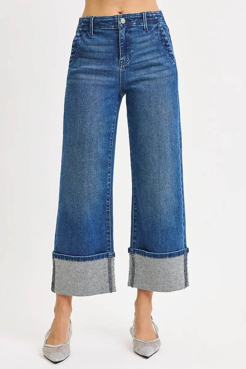 RISEN High Rise Ankle Wide Rhine Stone Cuffed Jeans - Fashions Envy