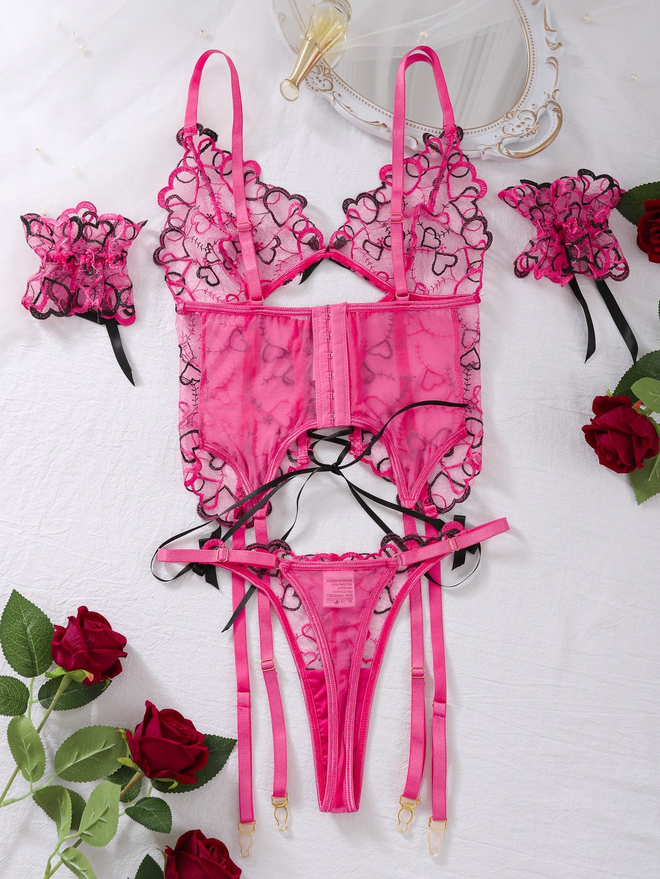 Love Embroidered Garter Set - 3PC Lace-Up Lingerie