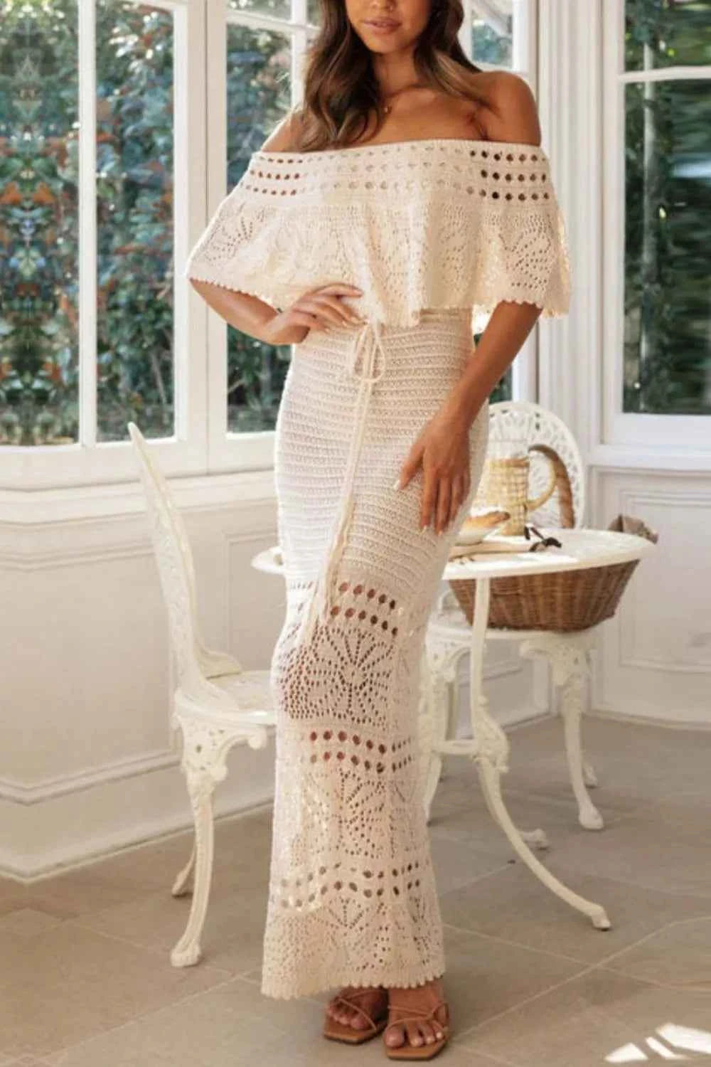 Off-Shoulder Maxi Dress - Waist Tie Crochet Cutouts