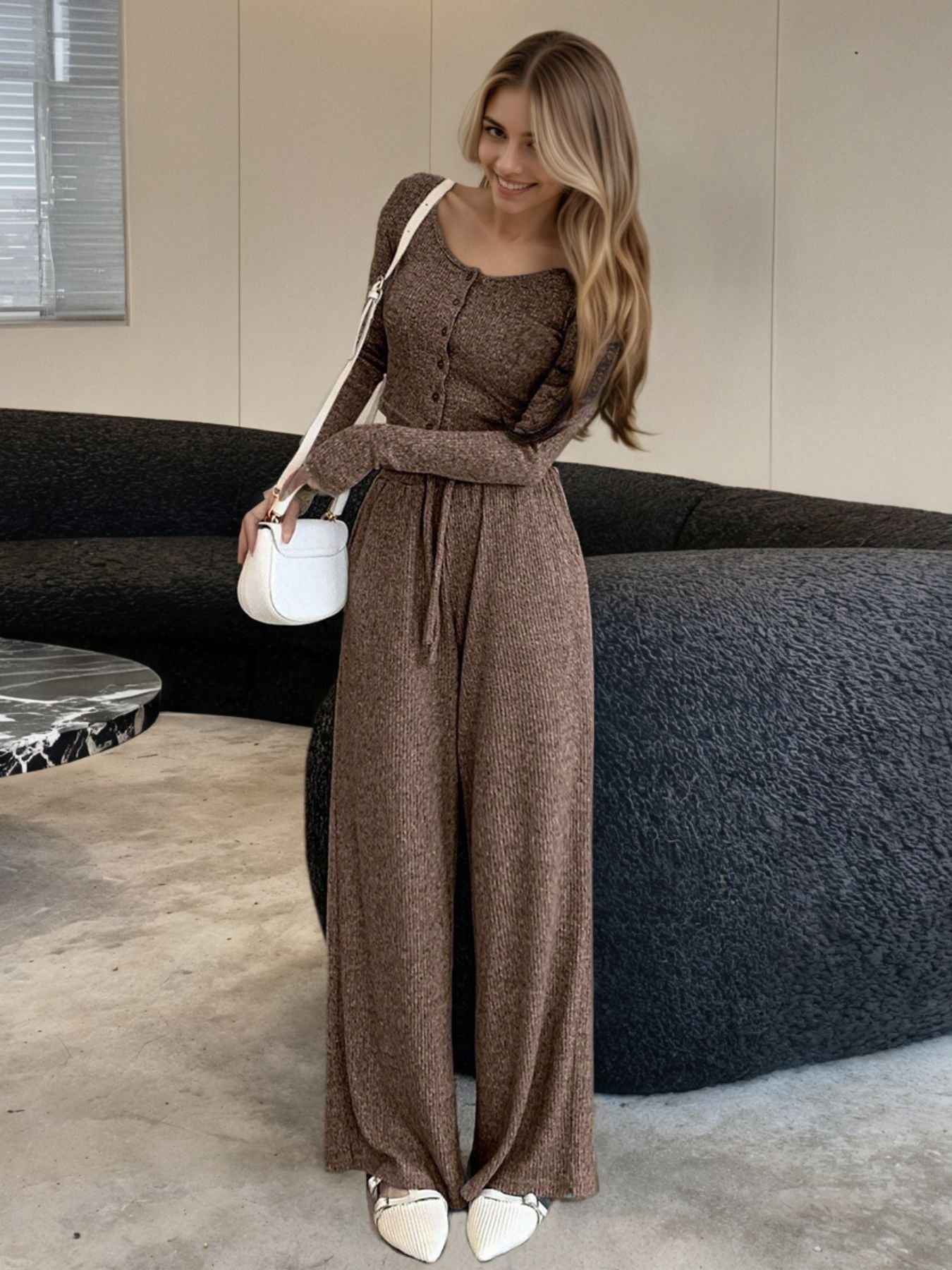 Cute Outfit Set - Long Sleeve Top and Wide Leg Pants Set