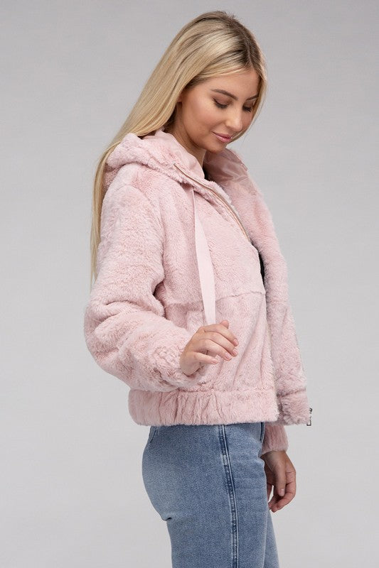 Fluffy Zip-Up Drawstring Teddy Hoodie