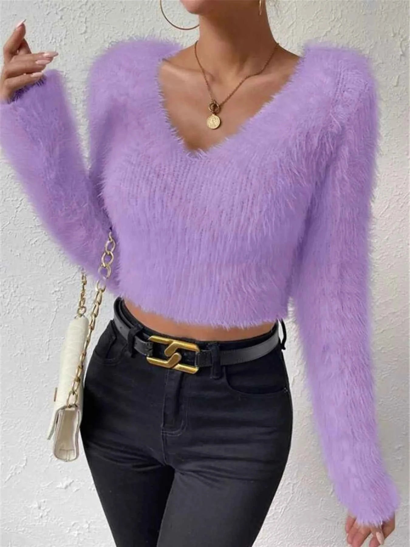Fluffy Knit Sweater - Soft Warm V-Neck Top