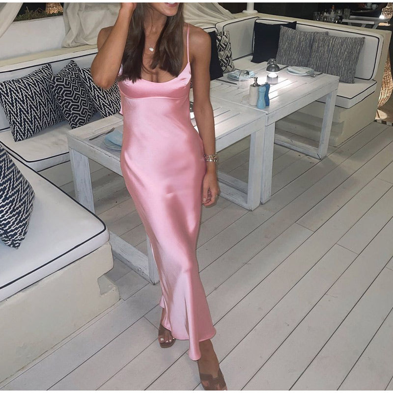 Pink Satin Slip Maxi Dress - Backless Square Neck