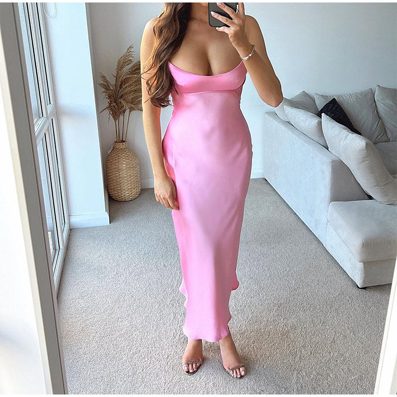 Pink Satin Slip Maxi Dress - Backless Square Neck