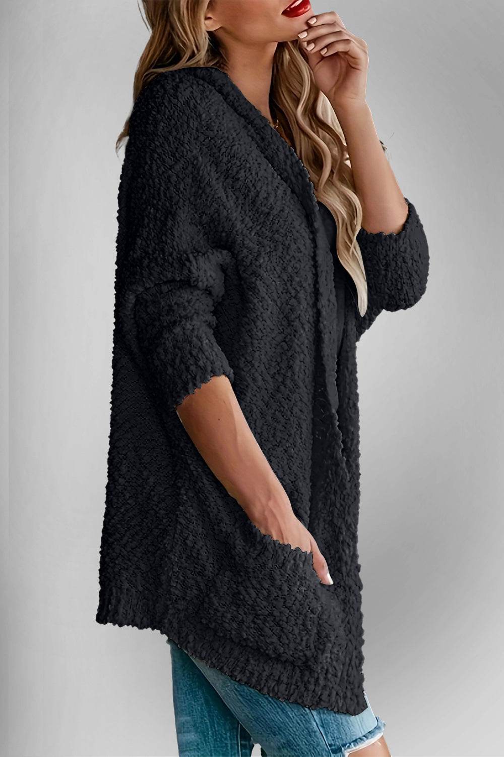 Double Take Pocketed Open Front Long Sleeve Cardigan - Fashions Envy