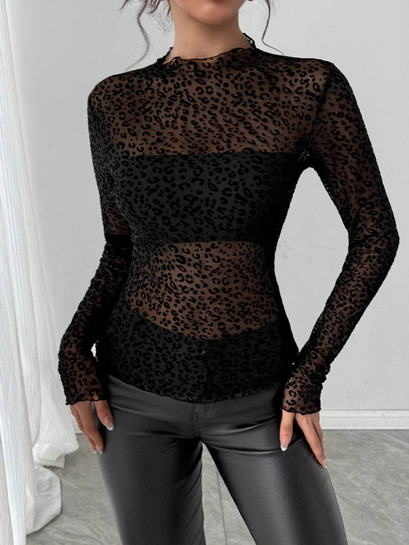 Leopard Print Mesh Long Sleeve T-Shirt - Sheer Animal Print Top - Fashions Envy