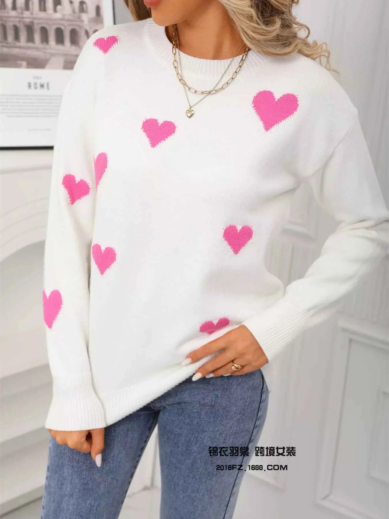 Valentine's Day Heart Print Round Neck Sweater - Fashions Envy