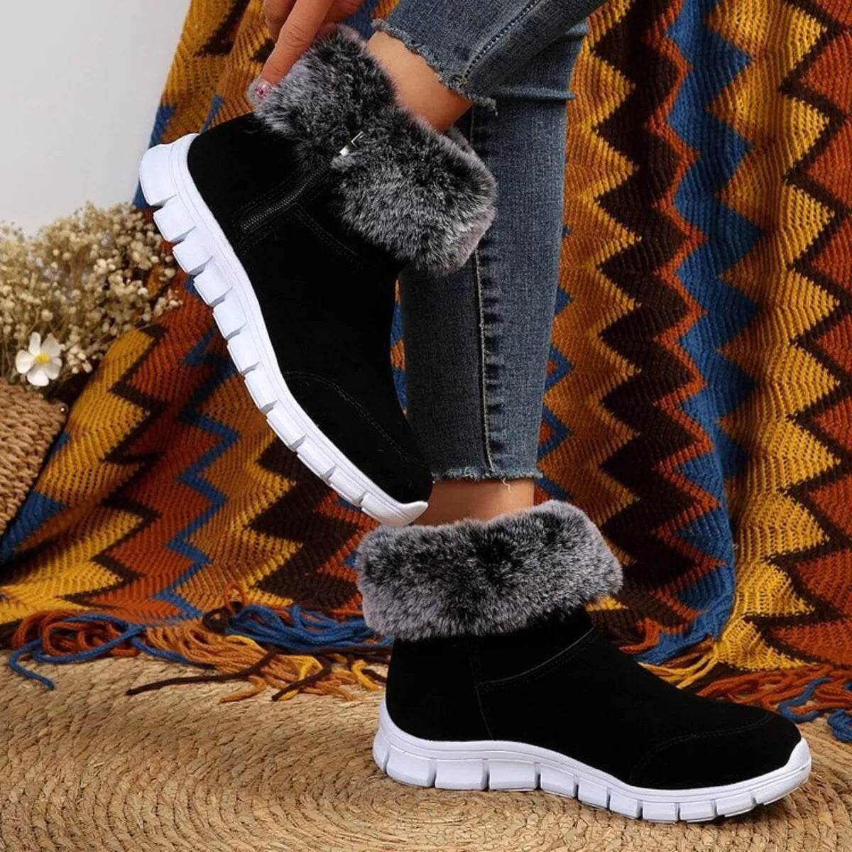 Side Zip Faux Fur Boots - Cozy Low Heel Winter Boots - Fashions Envy