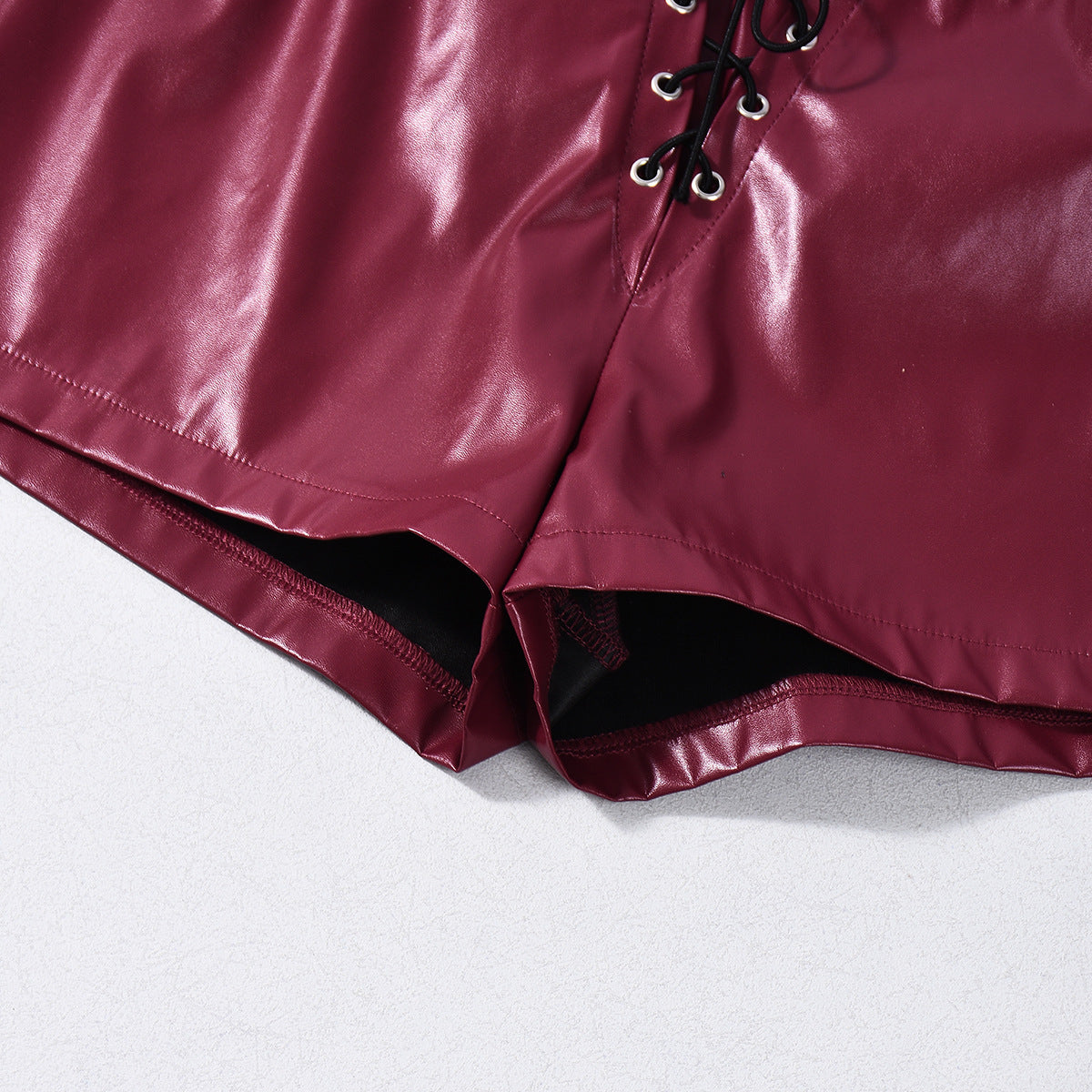 Leather Shorts - Burgundy Low Waist Strap Detail Party
