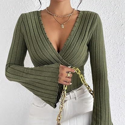 Ribbed V-Neck Top - Flared Sleeve Elegant Fit