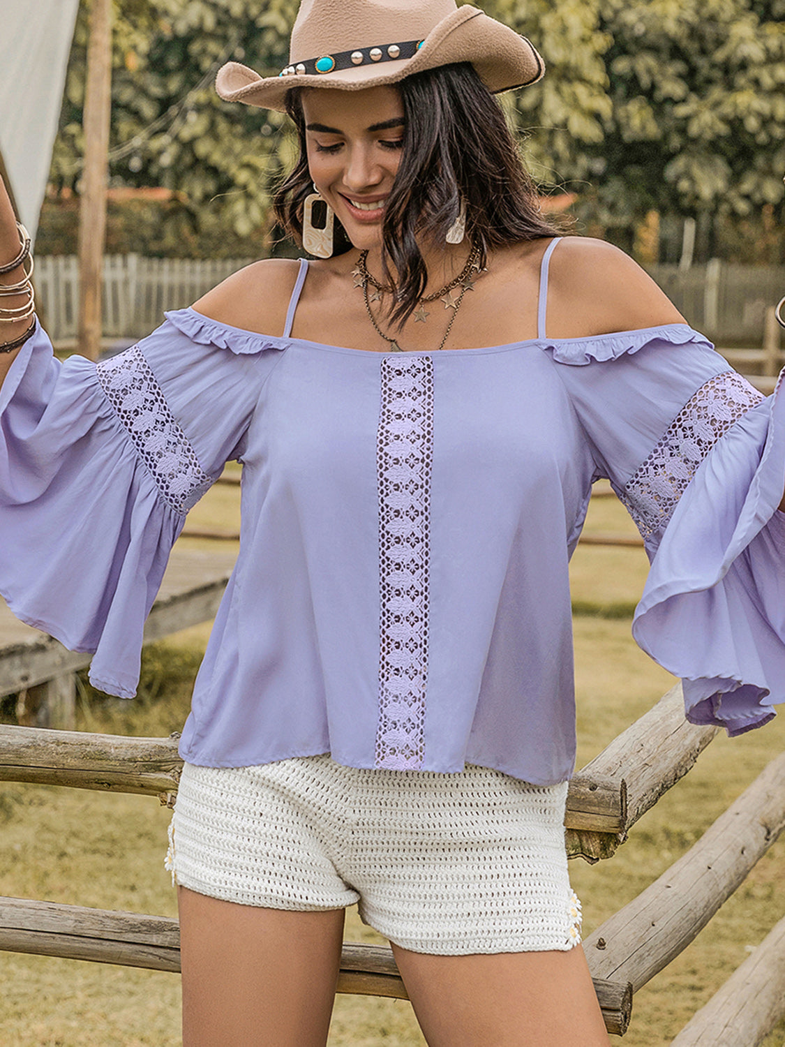 Blue Purple Square Neck Flare Sleeve Blouse