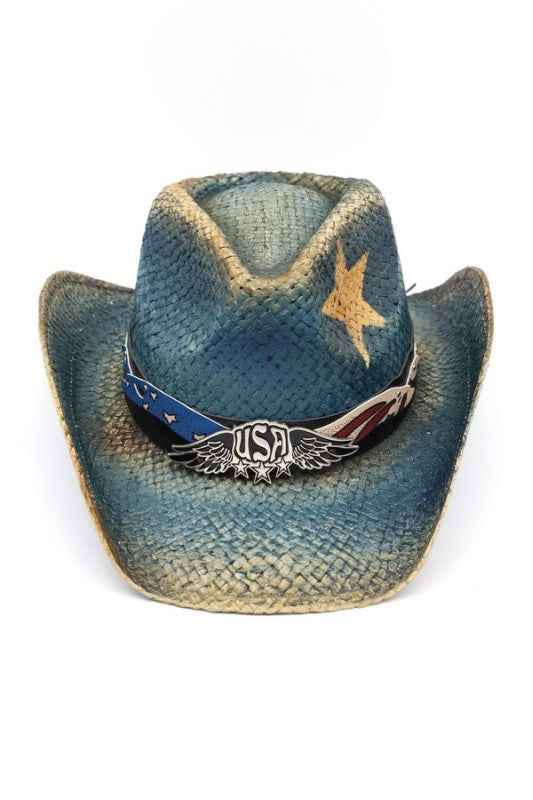 American Flag Contrast Brim Distressed Cowboy Hat