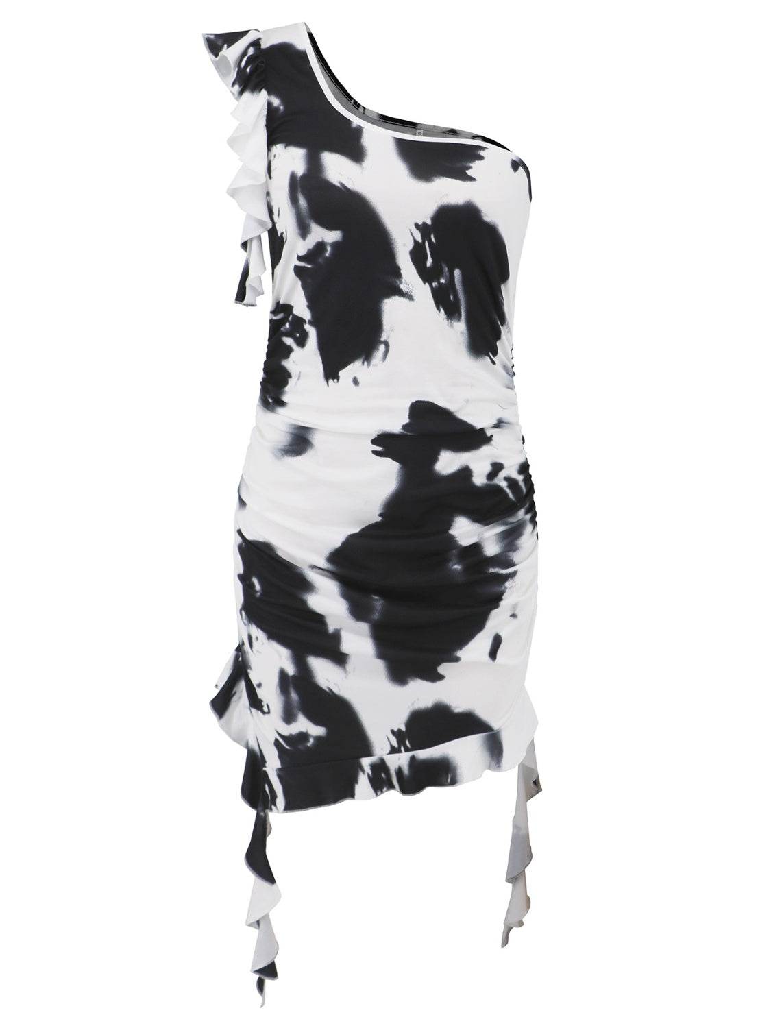 Ruffled Tie-Dye Single Shoulder Mini Dress - Fashions Envy