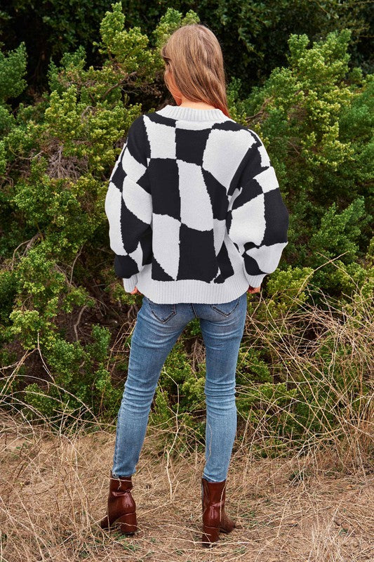 Oversized Multi Geo Checker Pullover Knit Sweater