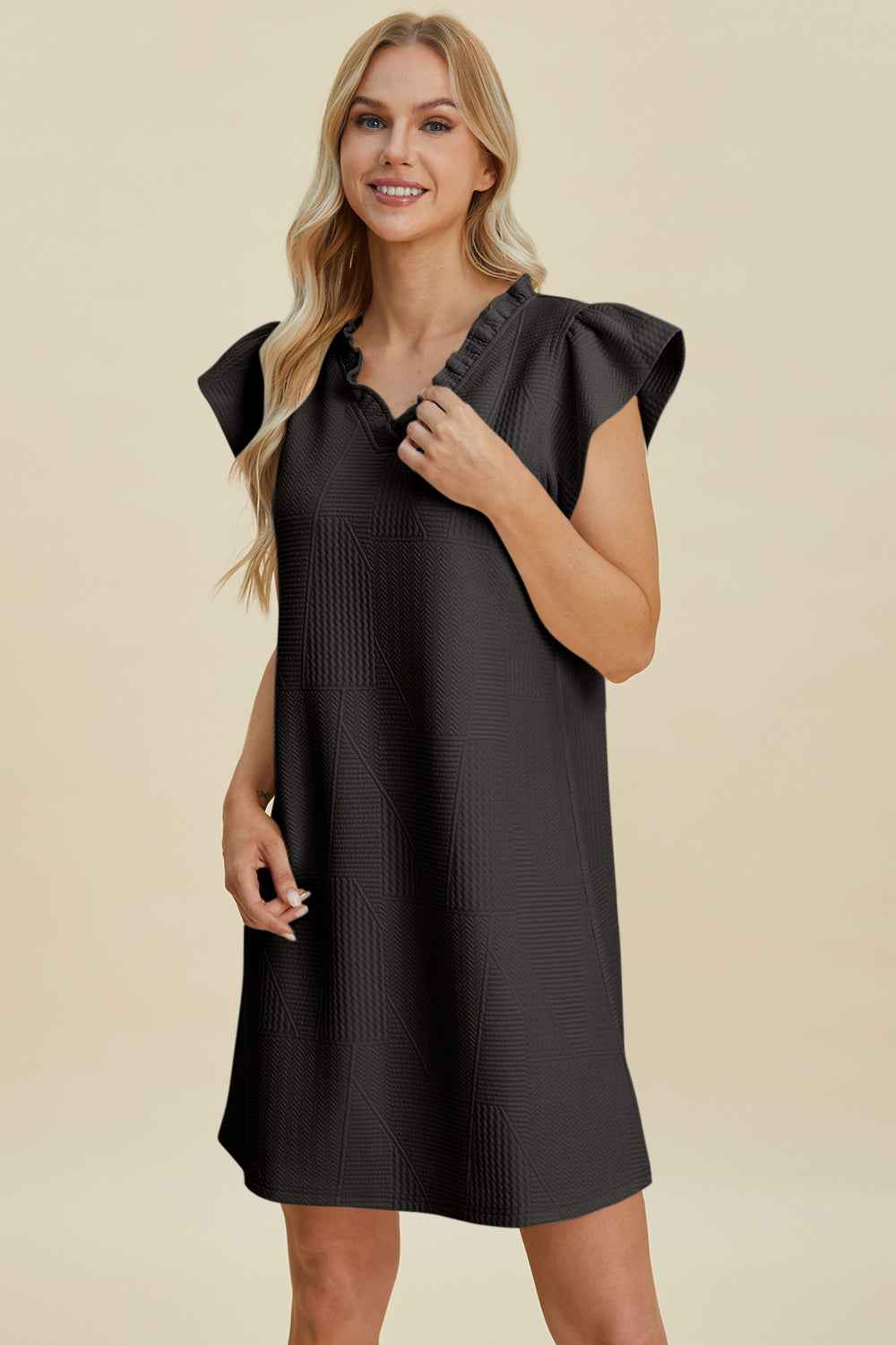 Double Take Full Size Ruffled V-Neck Cap Sleeve Dress