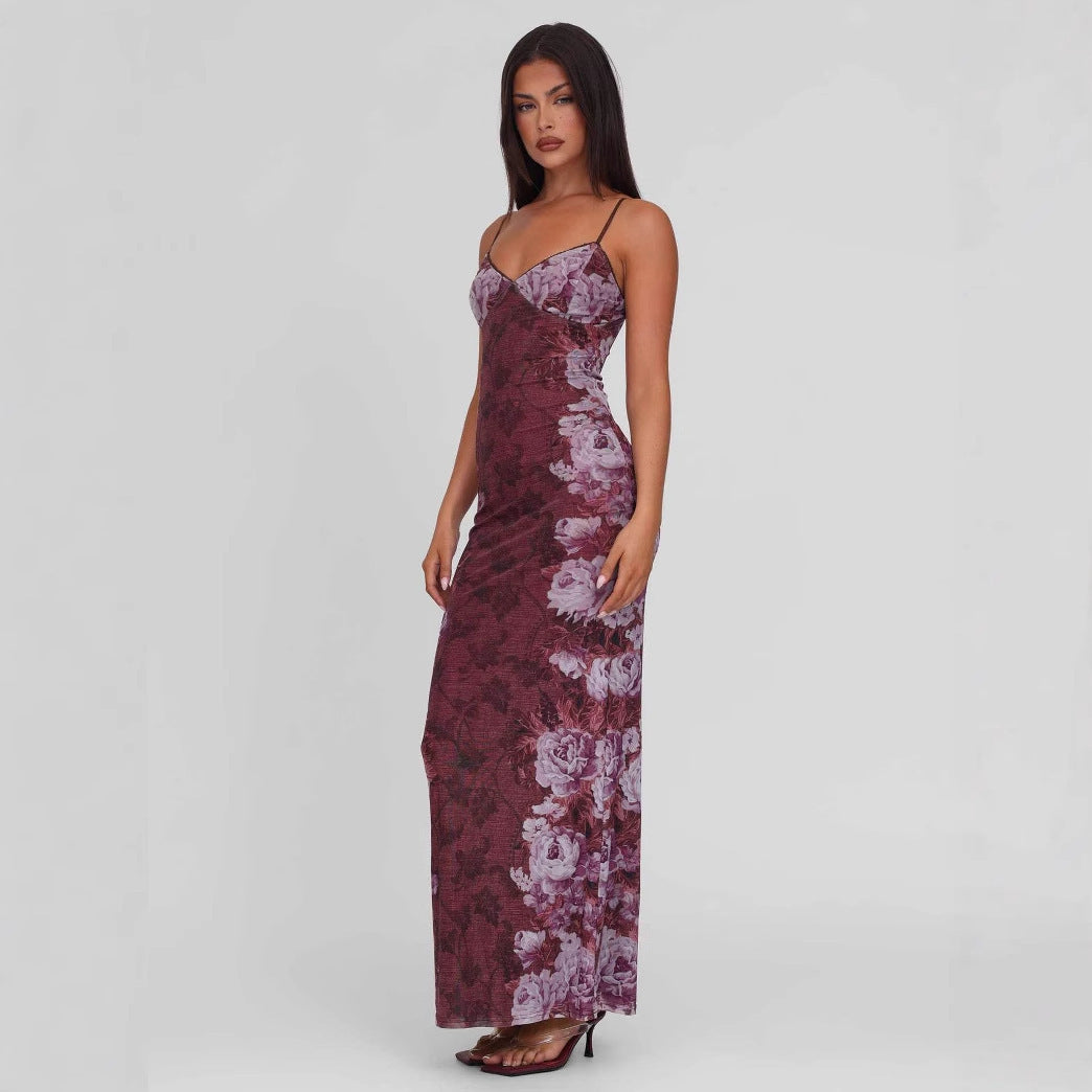 Slim-fit Contrast Colors Backless Sling Maxi Dress