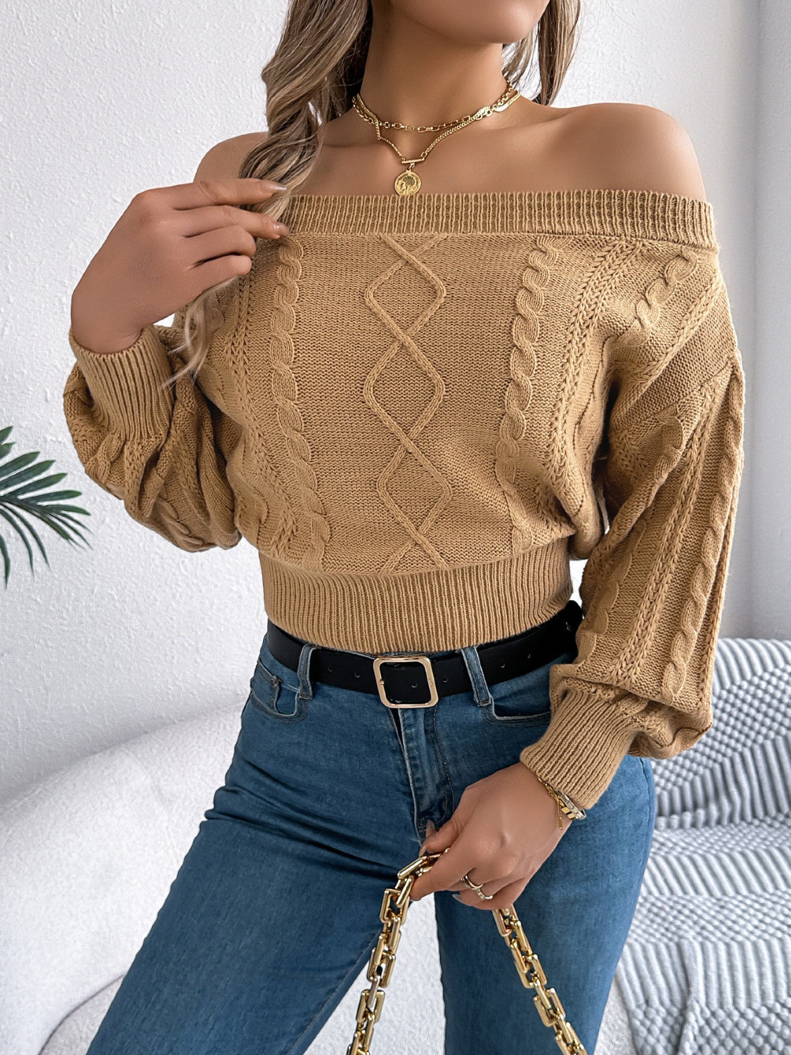 Cable Knit Off-Shoulder Sweater - Cozy Long Sleeve