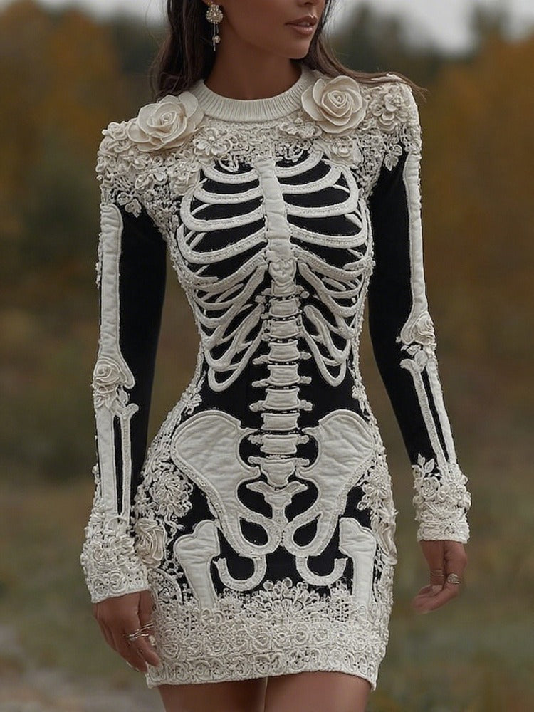 Dress with skeleton design and floral details on a blurred natural background